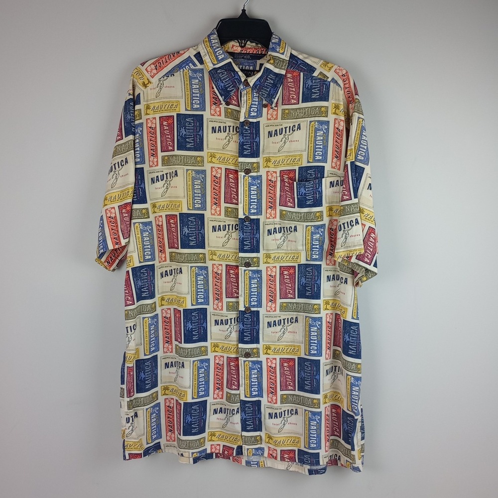 Nautica Mens M Multicolor Cotton Rayon Vacation Pacific Island Button Up Shirt